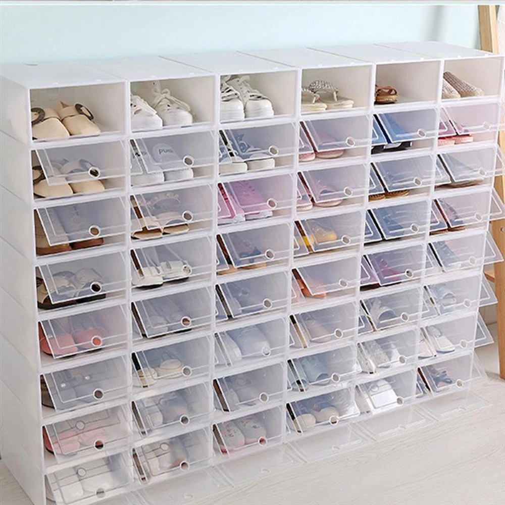 Cajas de almacenamiento transparentes para zapatos, organizador apilable, de de plástico, tamaño L (blanco), 2/6/12 Uds.|Estantes para zapatos y zapateros| - AliExpress