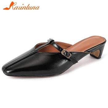 

Karinluna 2020 Fashion New Genuine Cow Leather Strange Style Shoes Woman Pumps Mules Square Toe Slip-On Summer Pumps Women Shoes