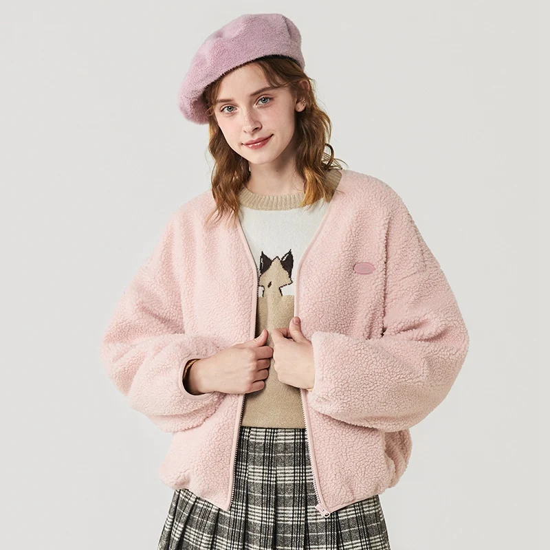 SEMIR короткая женская куртка Зимняя Новая Популярная свободная куртка большого размера с v-образным вырезом имитация ягненка кашемировое теплое пальто - Цвет: pink