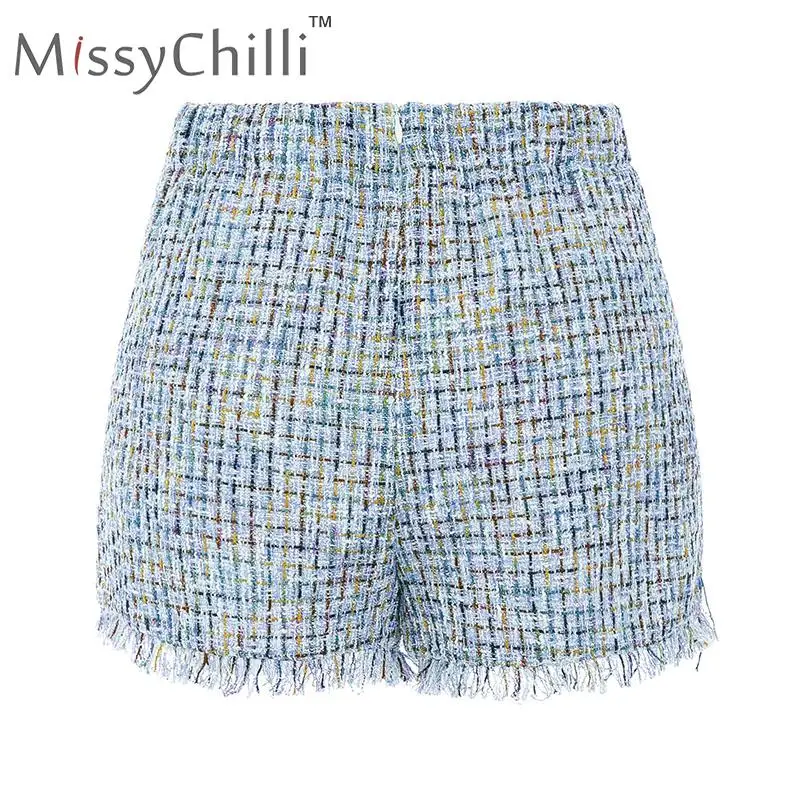 MissyChilli, элегантные твидовые повседневные шорты с высокой талией, женские офисные клетчатые шорты с бахромой, женские сексуальные стильные винтажные шорты
