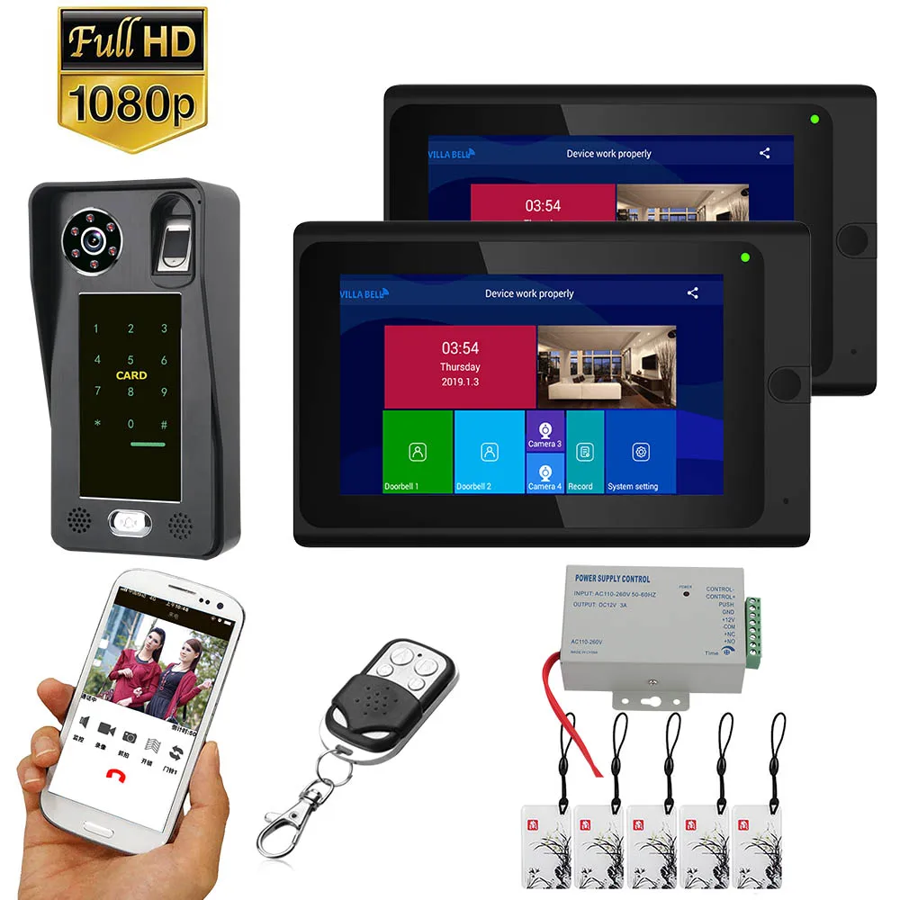 7 inch 2 Monitors Wifi Wireless Fingerprint IC Card Video Door Phone Doorbell Intercom System with Wired AHD 1080P Door Acce