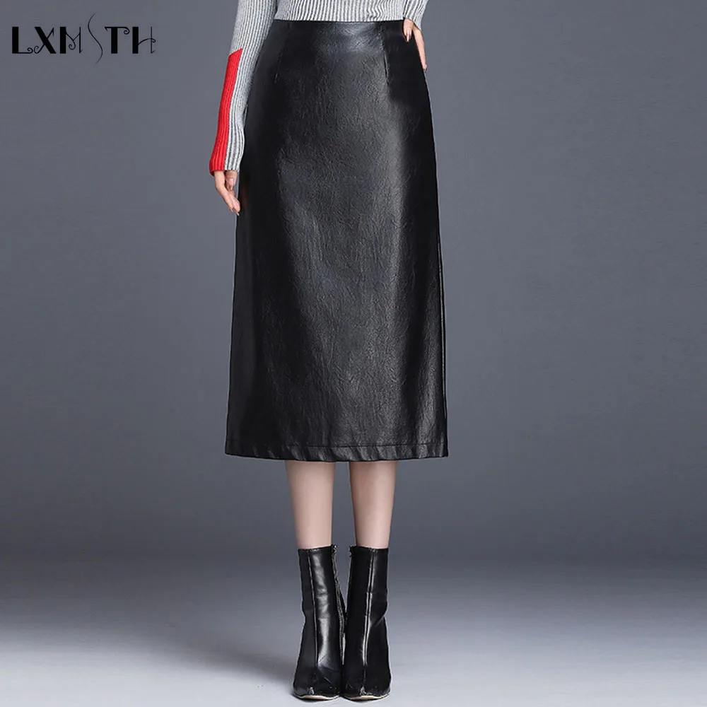 LXMSTH, черная длинная юбка из искусственной кожи, Женская Осенняя юбка с разрезом сзади, высокая талия, длина до середины икры, большие размеры, кожаные юбки-карандаш для женщин
