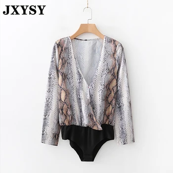 

JXYSY za bodysuits for women england style vintage long sleeve serpentine print sexy bodysuit rompers womens jumpsuit tops