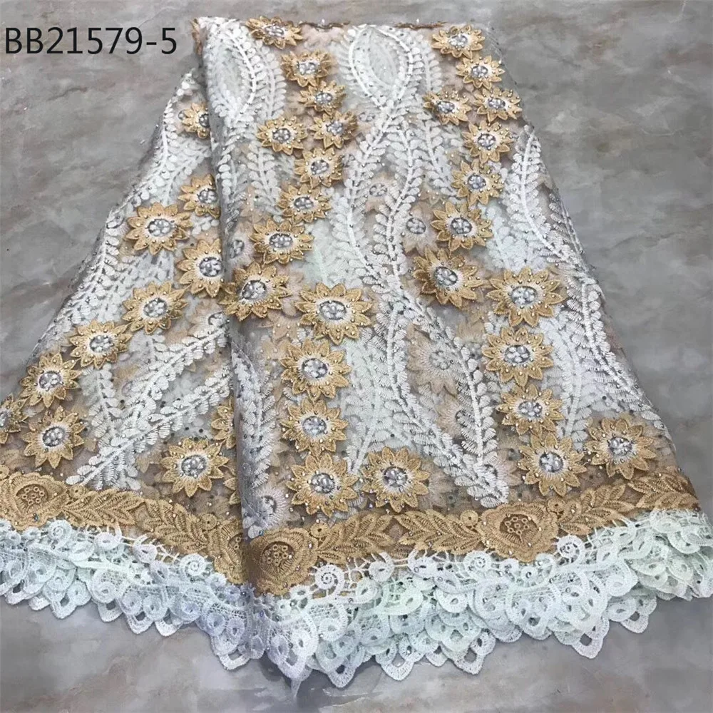 New fashion wholesale Custom guipure net follower embroidered floral lace fabric 5 yards gold fabric