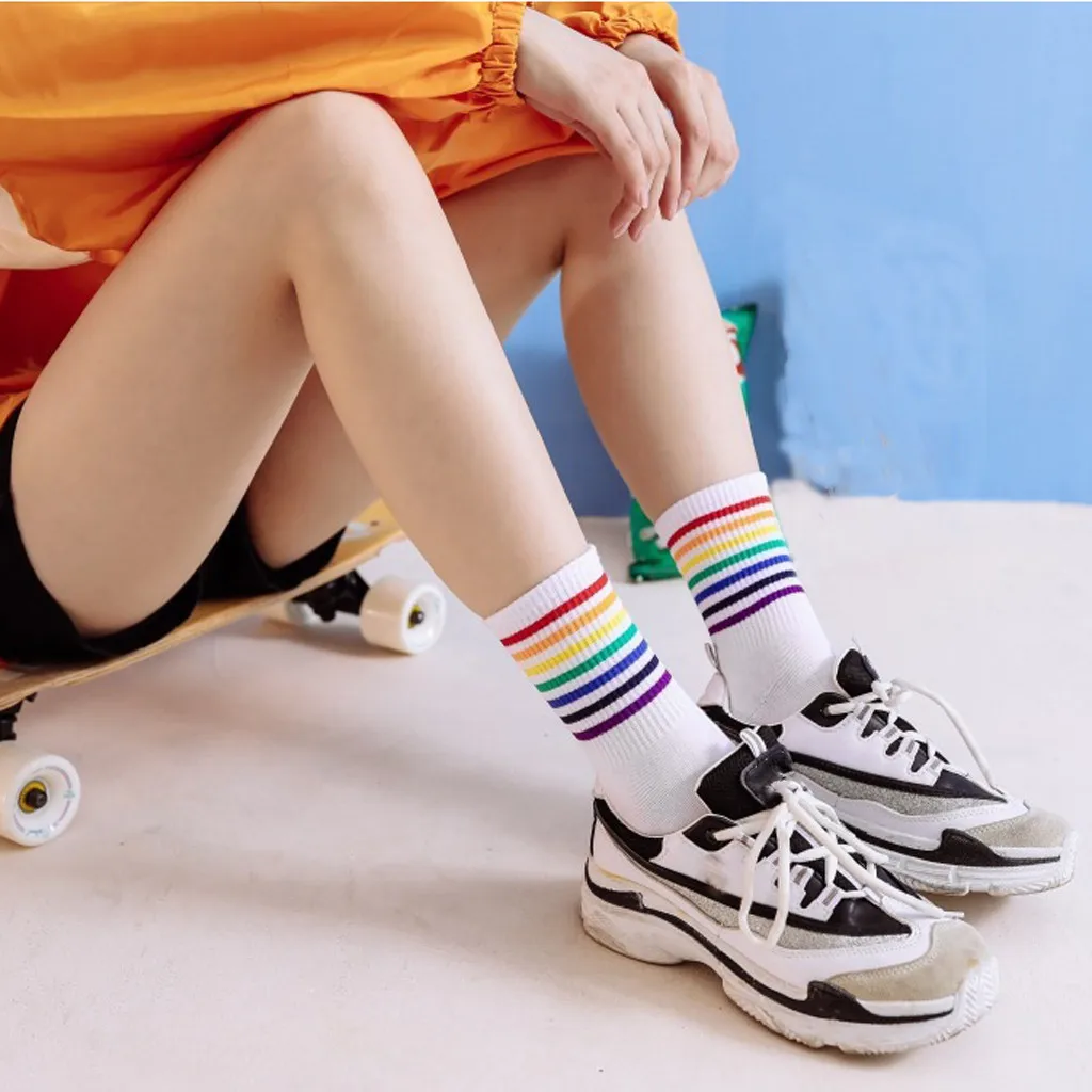 2 pairs of lovers wild rainbow striped cotton socks loaded deodorant sweat-absorbent warm casual sports office autumn winter new
