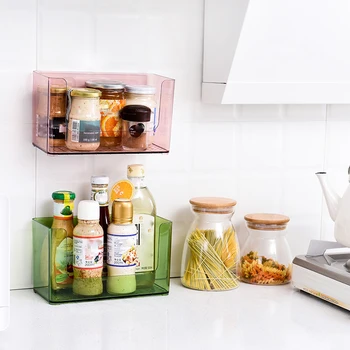 

Newly Transparent Paste Wall-Mounted Plastic Storage Organizer Bin Basket With Wide Open Front For Bathroom Bedroom TE88