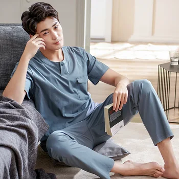 

New Style Pajamas Men Summer Pure Cotton Short Sleeve Trousers Tracksuit Thin Plus-Sized Set
