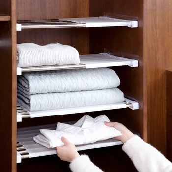 

Wardrobe Retractable Storage holder Rack Cabinets Layered partition shelf Kitchen holder bedroom paste type telescopic organizer