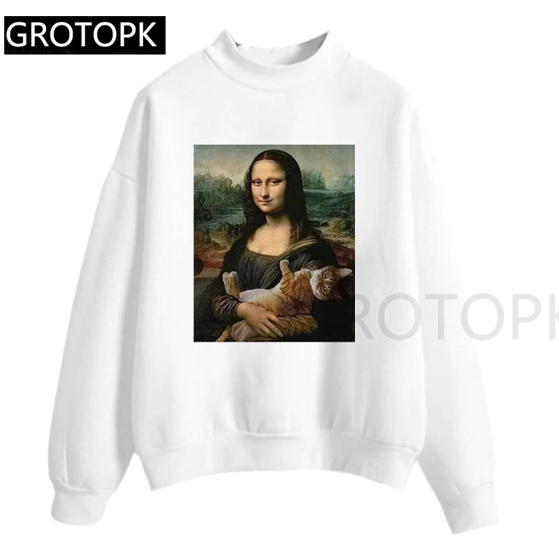 Women Hoodies Famous Mona Lisa's Cat Spoof Hoodie Funny Hoody Sweatshirt Pink & White Autumn Winter Fleece Pullover Dropship