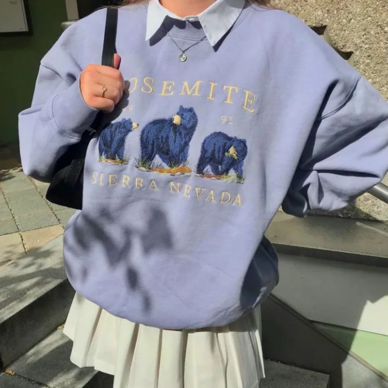 Свитшот женский с вышивкой медведя винтажный Повседневный Oversized-худи в стиле