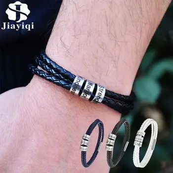 

Jiayiqi Custom Stainless Steel Beads Bracelet for Men Women Personalized Genuine Leather Customized Bracelet New Jewelry 19/21cm