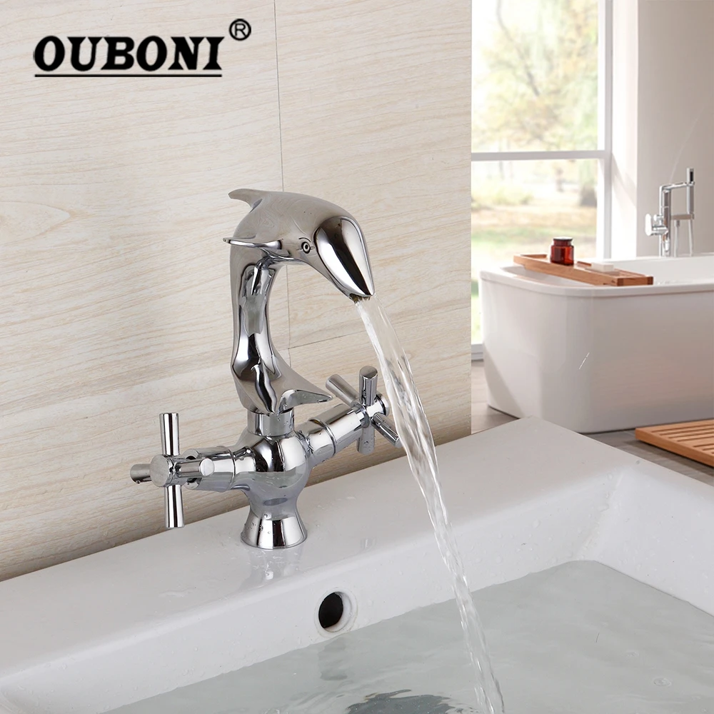 OUBONI Polished Chrome Bathroom Basin Faucet Dolphin Shape Spray 2 Handles Deck Mounted Brass Wash Basin Sink Mixer Faucet Tap