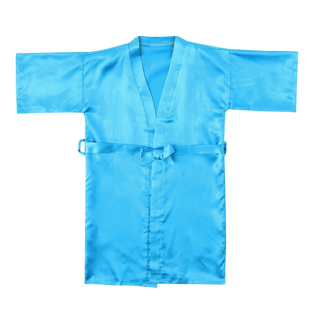 Ночная рубашка для маленьких девочек; однотонная цветная пижама для девочек с рукавами; Однотонный тонкий кардиган с завязками; халат; одежда для маленьких девочек - Цвет: Небесно-голубой