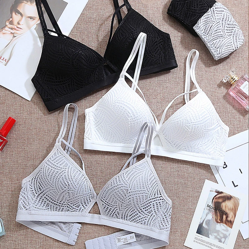  DERUILADY Lace Hollow Out Bra Sexy Lingerie Comfortable Breathable Wireless Bralette Seamless Push 