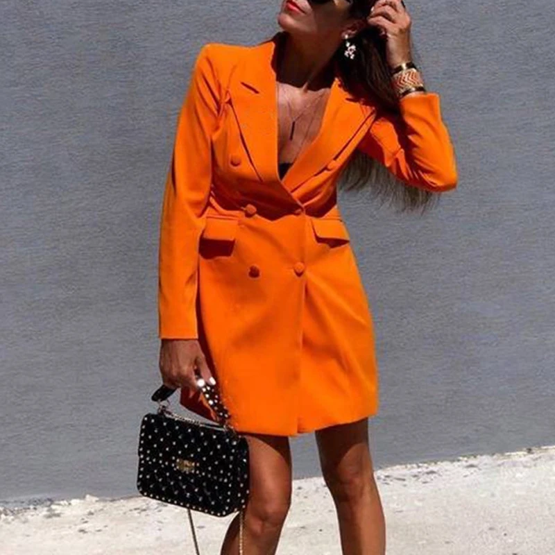 Women Double Breasted Coats Slim Fit Blazer Formal Orange Black Office Work Notched Ladies Blazer Coat Feminino