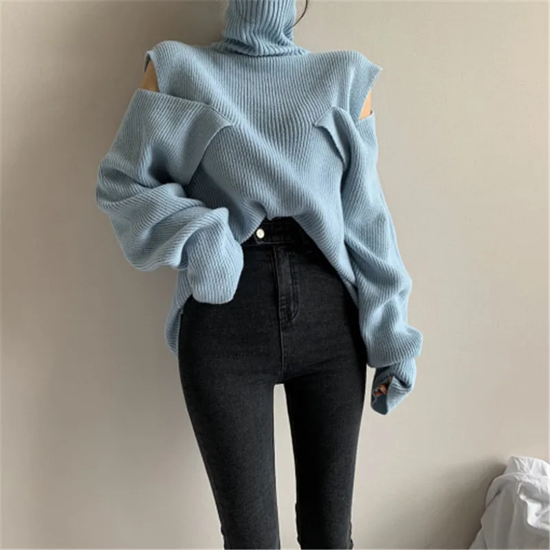 

Autumn and winter new Korean wild casual solid color sweater 2020 pullover women's turtleneck long-sleeved strapless sweater