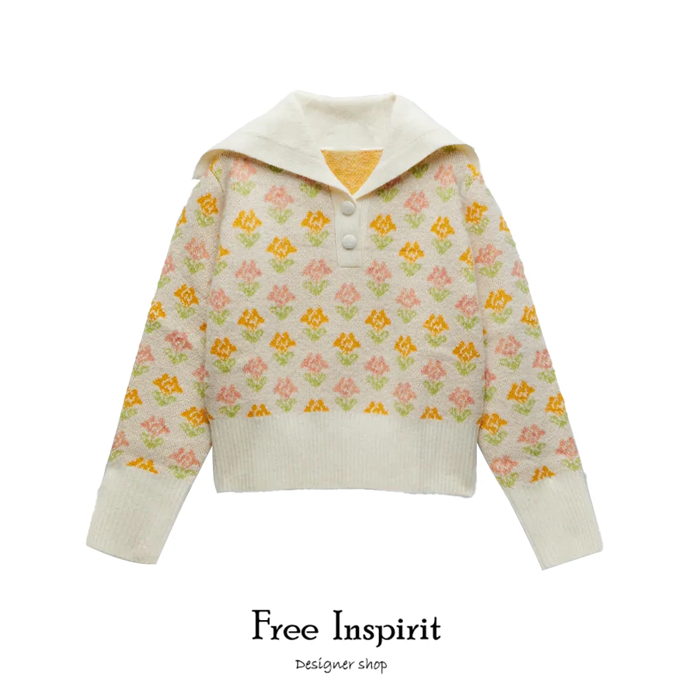 

2020 Free Inspirit New Arrival Button Female Pullovers Turn-down Collar Prairie Chic Short Women's Knitted Sweater