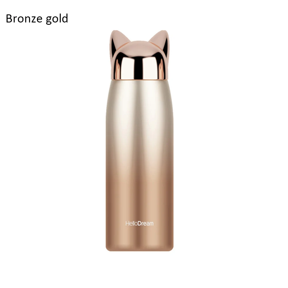 Bronze gold 320 мл Термос с двойными стенками, милый кот, лисичка, ухо, Термокружка для кофе, чая, молока, путешествий, термосы из нержавеющей стали - Цвет: Bronze gold