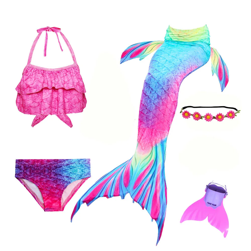 Купальный костюм «хвост русалки» для девочек, бикини, детский купальник, хвост русалки с ластами, гирлянда, подарок на день рождения, платье Пурима - Цвет: 5 pcs-6