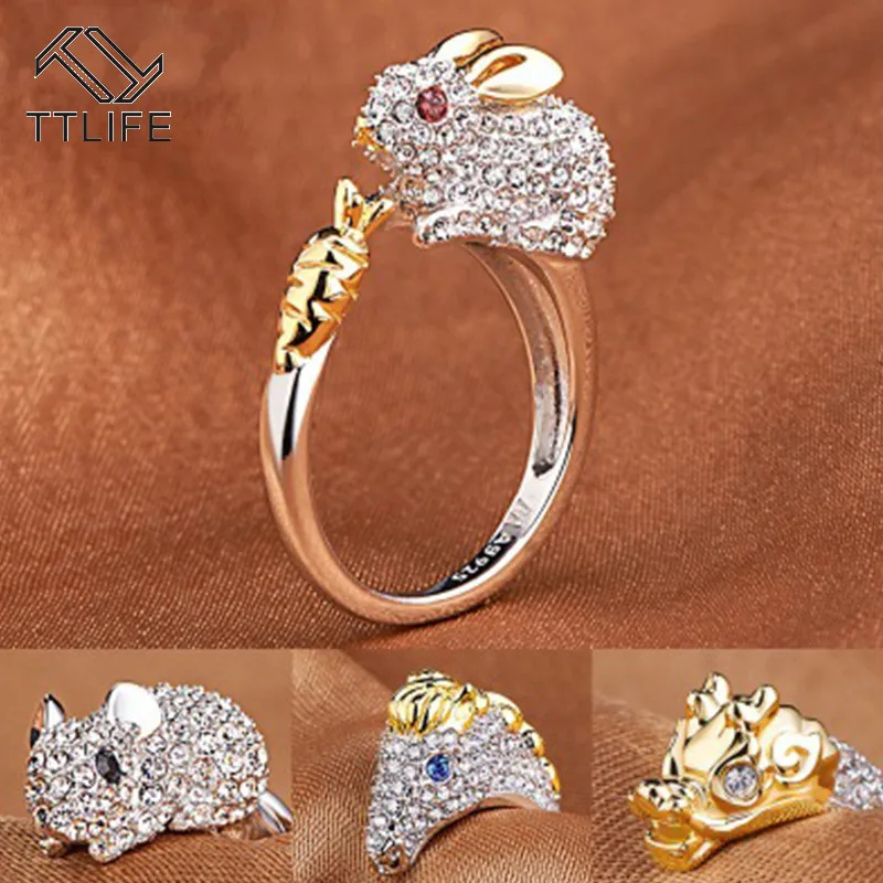 

TTLIFE Zodiac Copper Plated Crystal Lovely Bird Pig Rabbit Monkey Inlaid Animal Opening Ring Wedding Party Finger Jewelry Women
