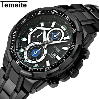 TEMEITE Creative Full Black Men Watch Quartz Wristwatches Steel Calendar Waterproof Sport Watches Top Brand Luxury Clock | Наручные часы