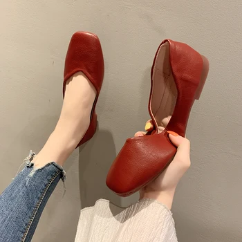 

SLHJC Women Shoes 2020 Spring Summer Retro Shallow Mouth Ballet Flats Square Toe Flat Heel Soft Leather Loafers All Match