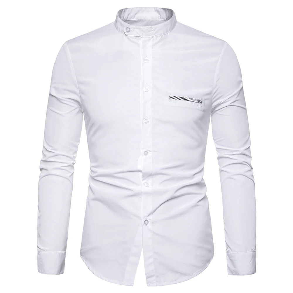 WSGYJ рубашка мужская Мода Мандарин воротник длинный рукав чистый цвет платье рубашка приталенная светская деловая Camisa черная - Цвет: White Shirt Men