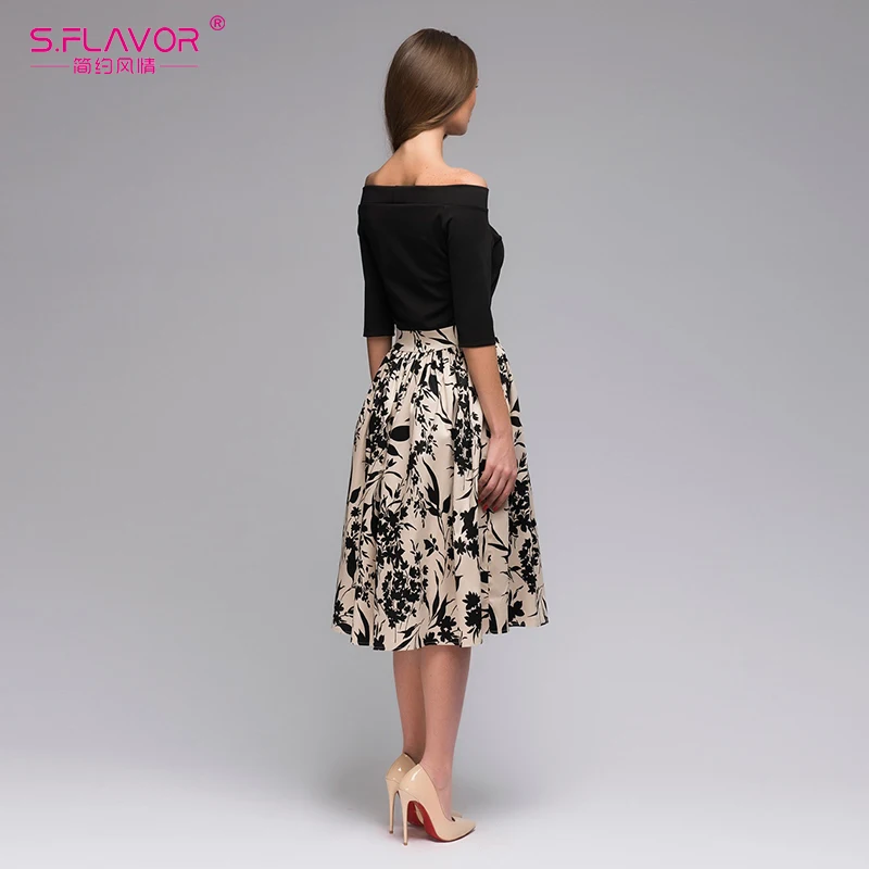 S. FLAVOR Femme платье в стиле пэчворк с цветочным принтом женские пикантные вечерние платья с открытыми плечами Женские повседневные осенние платья с вырезом лодочкой
