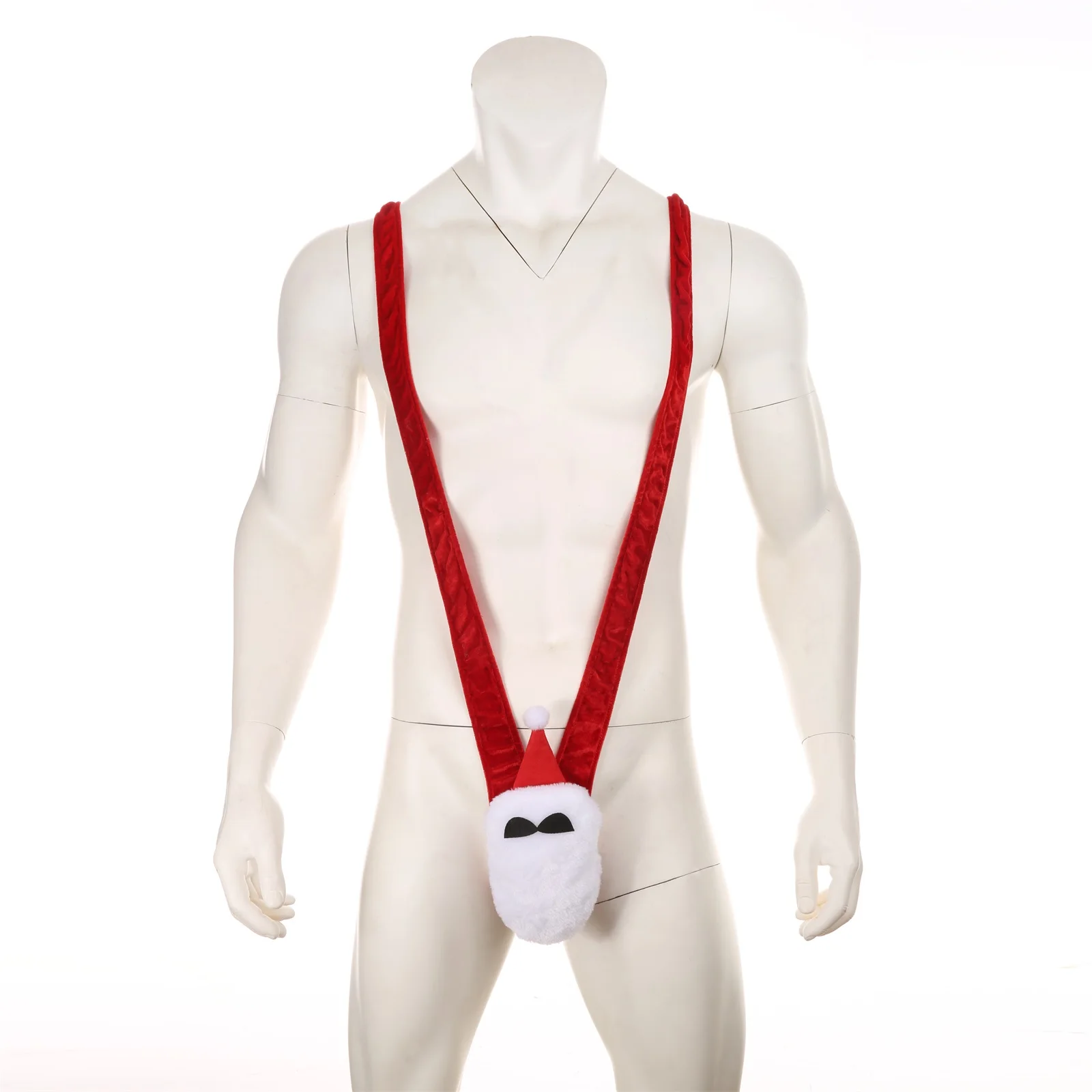Men Sexy One-piece Lingerie Underwear Thong Man Erotic Fluff Penis Pouch Mankini Santa Claus Christmas Costume Bodysuit