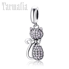 Хит, 925 пробы, серебряный милый маленький кот с бантом, CZ подвеска, животное, очаровательный бисер, подходит для оригинального браслета Pandora, изготовление ювелирных изделий