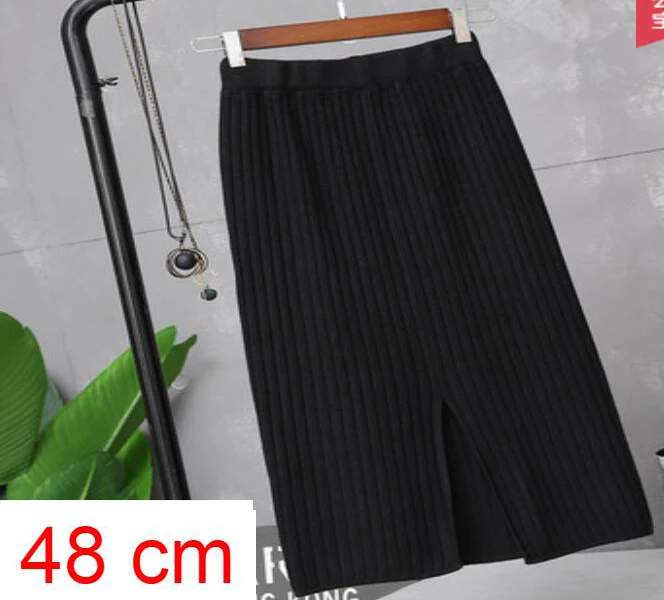 black 48cm Женская облегающая элегантная юбка-карандаш миди с разрезом сзади, Весенняя женская трикотажная юбка с высокой талией, черная однотонная женская офисная одежда, юбки - Цвет: black 48cm