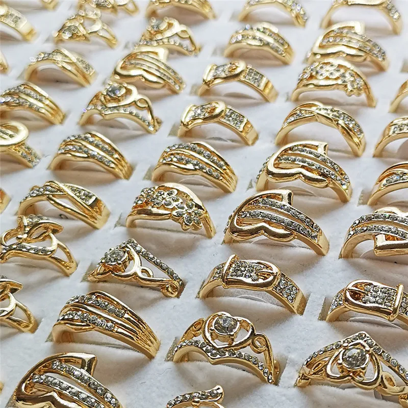 Crystal Rings 10Pcs Fashion Mixed Shiny Golden Color For Women Girls