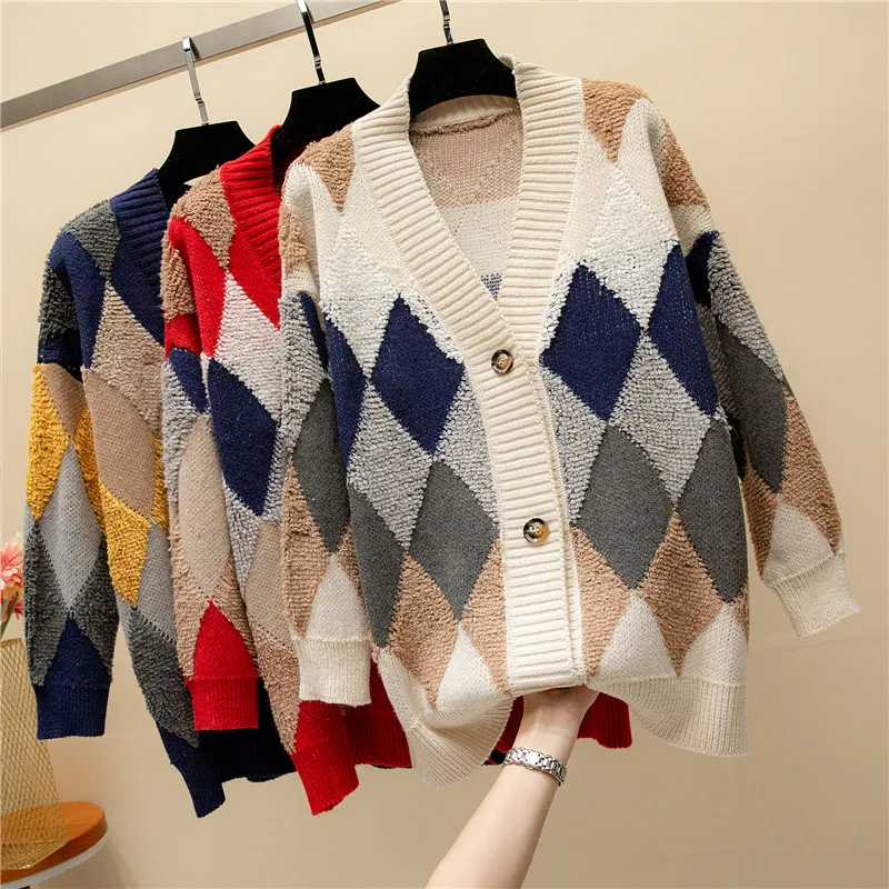 

Female Sweater Mujer Invierno 2019 Knitting Coat Geometric Loose Cardigan