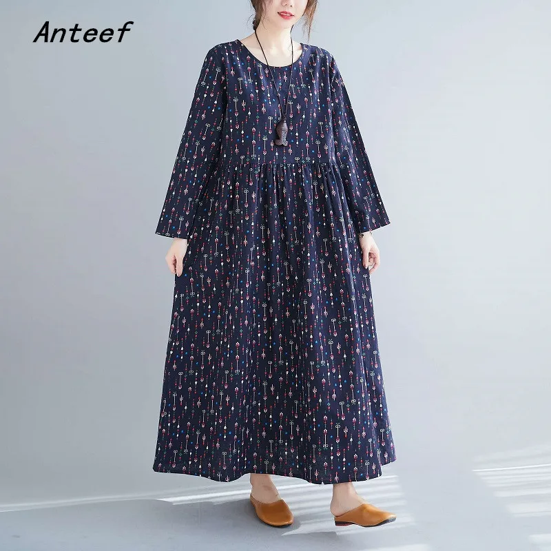 

long sleeve cotton linen vintage floral for women casual loose spring summer autumn dress elegant clothes 2023 ladies dresses