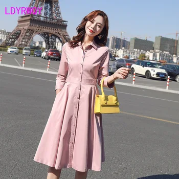 

2019 autumn pink temperament dress Knee-Length Regular Turn-down Collar Zippers Full Sheath