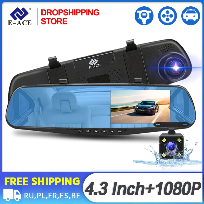 

Dropshipping E-ACE Car Dvr 4.3 Inch Full HD 1080P Automatic Camera Digital Video Recorder Dual Lens Rear View Mirror Dash Cam