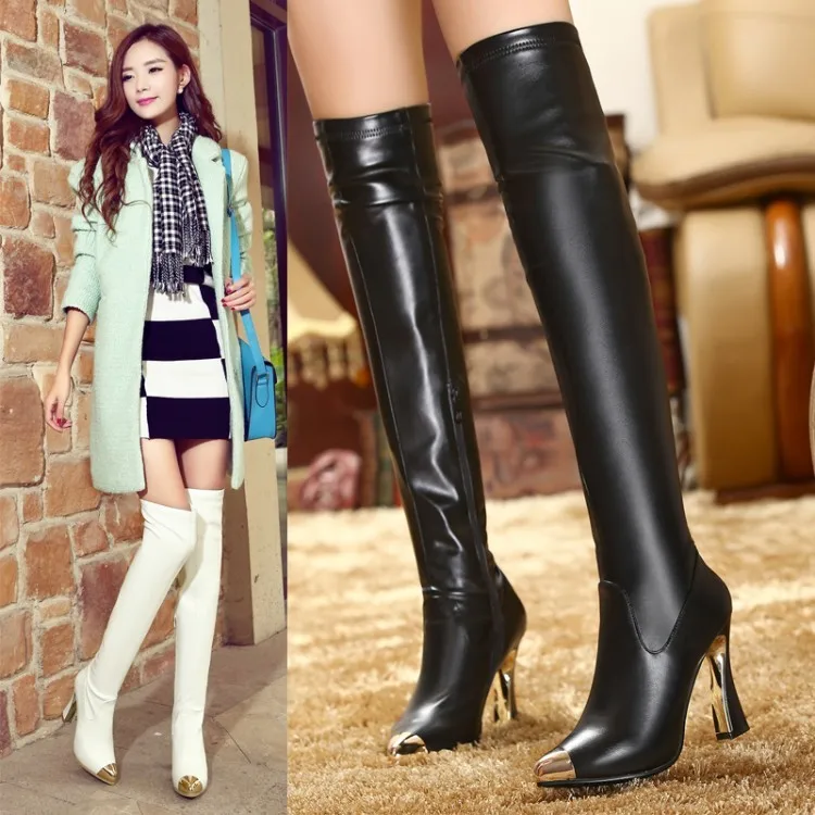 

White Over The Knee Boots Long Boots Genuine Leather High Heel Boots Elastic Boots Autumn Sexy Thin High Heels