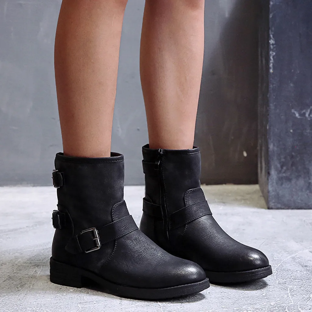 

Fashion Zipper Flat Shoes Stylish Women’s Round Toe Buckle-Strap Shoes Low-heeled Western Ankle PU Leather Buckle Strap Boots