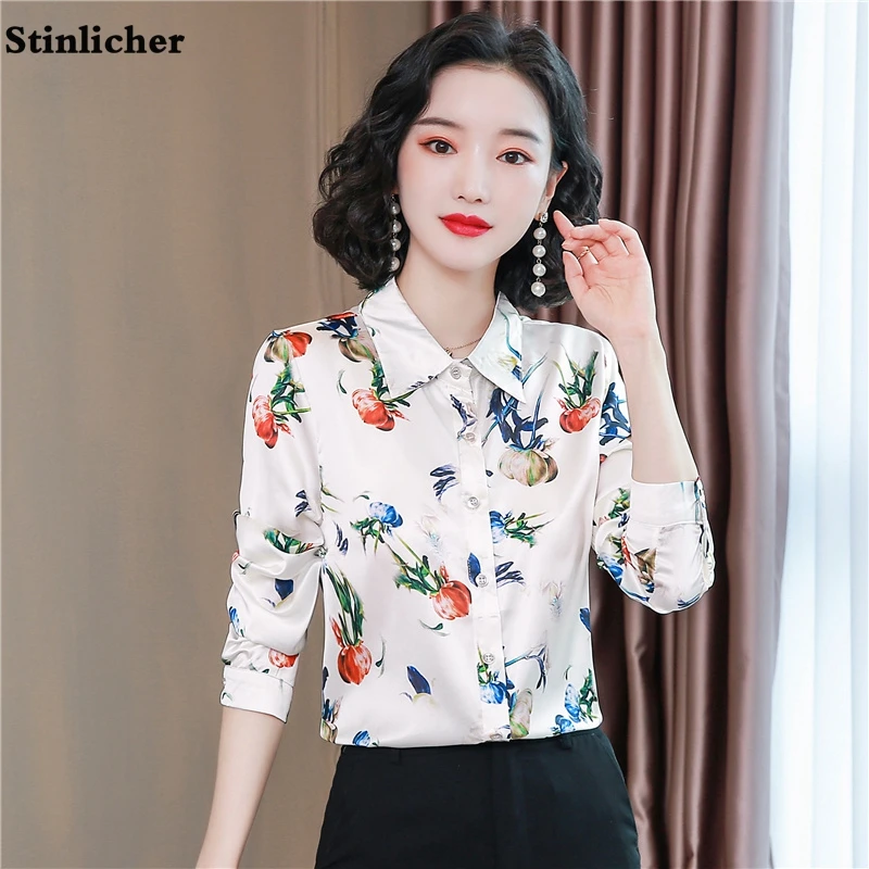 Elegant Office Ladies OL Work Shirt Women Satin Silk Blouse Fashion White Flowers Slim Party Shirt Female Basic Tops Clothes