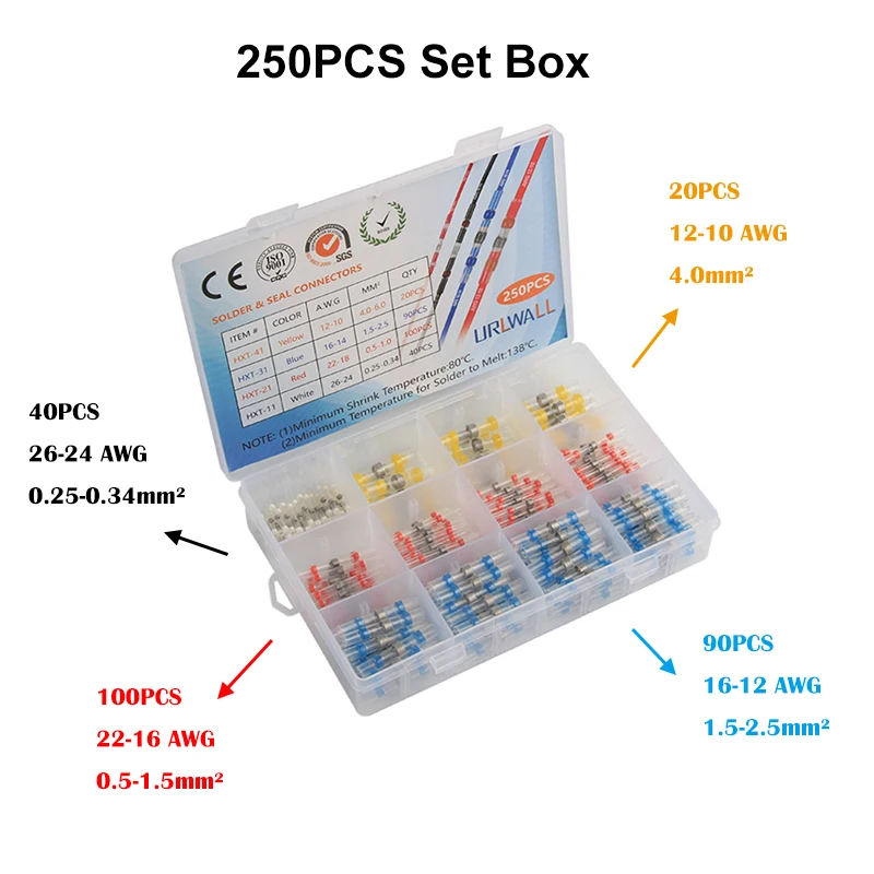 100/75/50/250 шт электрические соединители проводов изолированный паяльный рукав трубки терм усадочная Sorder терминал Водонепроницаемый стыковые соединители - Цвет: 250Pcs  with box