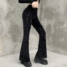 

Dark Academia 90s Vintage Casual Wide Leg Pants Women Black Suede Embossing Flare Pant Spring Autumn Punk Gothic Trousers 2021