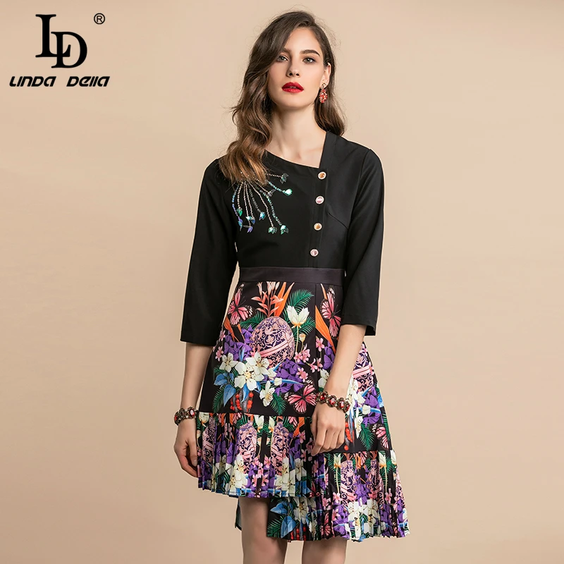 

LD LINDA DELLA Autumn Fashion Vintage Dress Women's A Line Asymmetrical Floral Print Pleated Ladies Work Wear Patchwork Dress