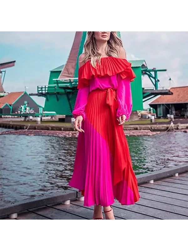 DEAT 2020 Spring Long Sleeve Slash Neck Strapless Red Fuchsia Patchwork High Waist Ruffles Maxi Dress Women MH896