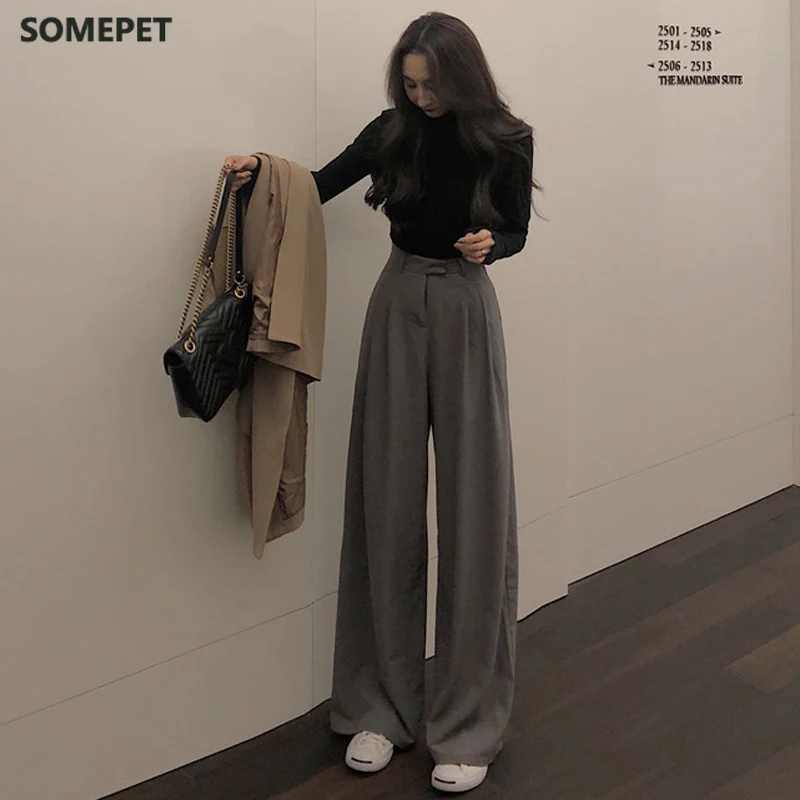 

Spring Autumn Female Solid Wide Leg Pants Women Full Length Pants Ladies High Quality simple Casual Straight Pants