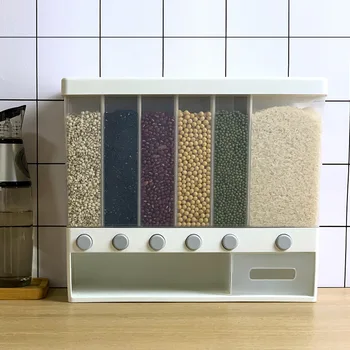 

10KG Wall mounted Divided Grains Cereals Rice Dispenser 6 Grids Automatic Plastic Moisture-proof Sealed Food Storage Box