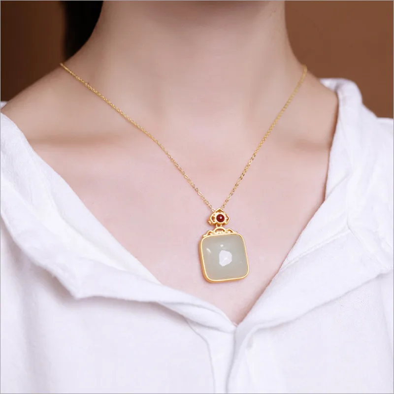 Gold White Безглицые пустые драгоценные камни, ожерелья для женщин, квадратные подвески из яшмы и нефрита+ цепочки, 925 серебряные драгоценные камни, квадратные ювелирные изделия P1055 - Цвет камня: Gold White