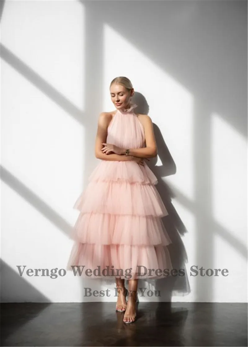 Verngo White/Dusty Pink /Lavender Ruffles Tulle Short Prom Dresses High Neck Tiered Tea Length Evening Party Gowns Formal Dress