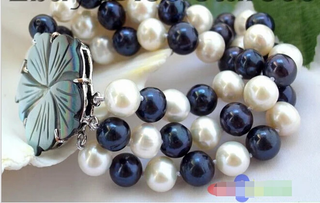 DYY 914+++ 3 ряда 10 мм белый черный круглый пресноводный жемчуг браслет