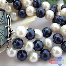DYY 914+++ 3 ряда 10 мм белый черный круглый пресноводный жемчуг браслет