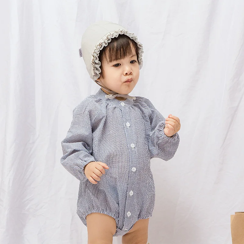 

2019 Spring Summer Tatting Triangle Romper Open Buckle Baby Jump Suit Long Sleeve Vertical Striped Crawling Clothes a Generation